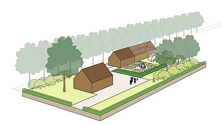Illustratie van gebouw in groene omgeving
